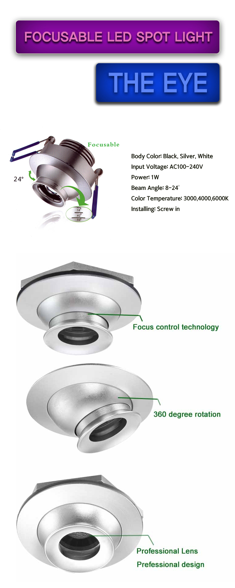 LED Focusable Spot light for Showcase